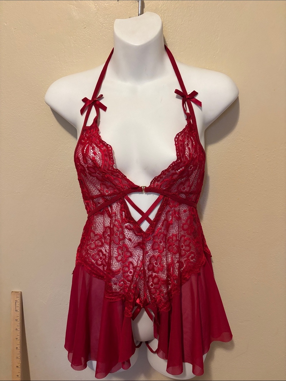 Red Lace Halter Babydoll Chemise - Women Intimates